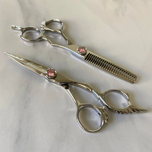 iCandy ANGEL Ice Pink VG10 professional hairdressing scissors and thinning scissors bundle featuring premium Japanese TAKEFU VG10 steel, ergonomic offset handles, precision convex blades and a signature ice pink diamanté tension screw for effortless cutting and seamless texturising.