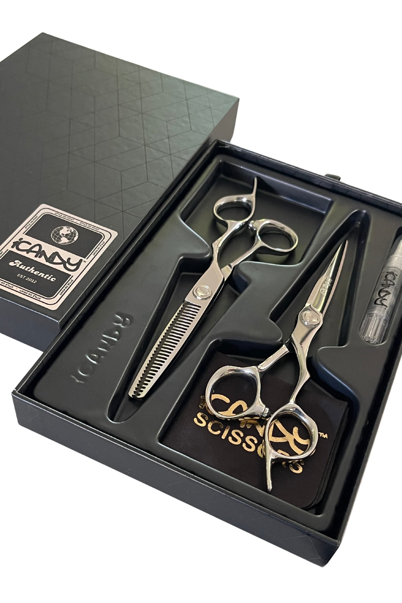 iCandy Evolve Silver Scissor and Thinner Bundle – professional hairdressing and barber scissors set made from VG10 Japanese steel. 6.0 inch