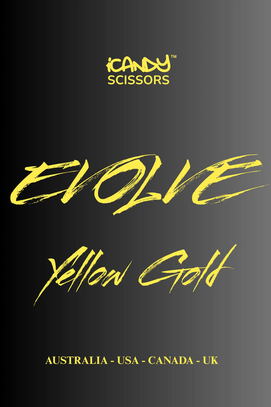 iCandy EVOLVE Yellow Gold VG10 professional hairdressing scissors promotional poster showcasing Japanese TAKEFU VG10 steel, premium yellow gold titanium coating, innovative ergonomic design and precision cutting performance for professional hairdressers and barbers.