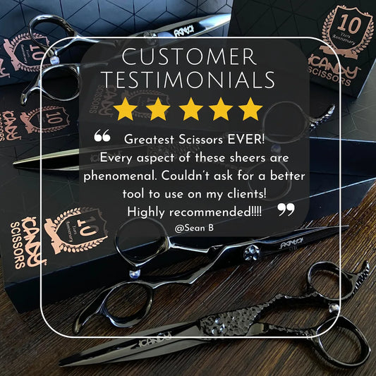 Verified 5-star customer review for the iCandy SWORD PRO Midnight Black VG10 Hairdressing Scissors, recognising razor-sharp performance, exceptional balance, luxurious craftsmanship and all-day professional salon comfort.