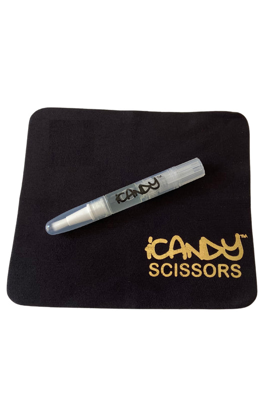 iCandy Scissor Oil Pen and Cleaning Cloth set – professional hairdressing scissor care kit for barbers and stylists.