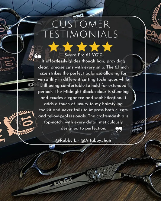 Verified 5-star customer review from Robby L praising the iCandy SWORD PRO Midnight Black VG10 Hairdressing Scissors for effortless cutting, exceptional balance, luxurious craftsmanship and outstanding professional salon performance.