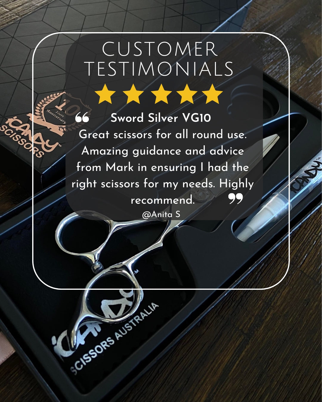 iCandy Sword VG10 Silver Hairdressing Barber Scissor 5 Star Customer Review Anita S