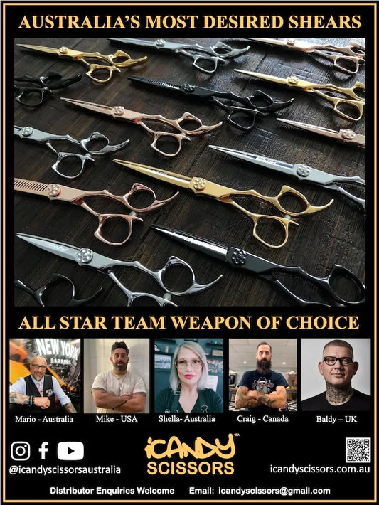 iCandy Scissors full page advertisement in BarberEvo Magazine Issue 20 (August 2021) showcasing premium Japanese VG10 barber hairdressing scissors.