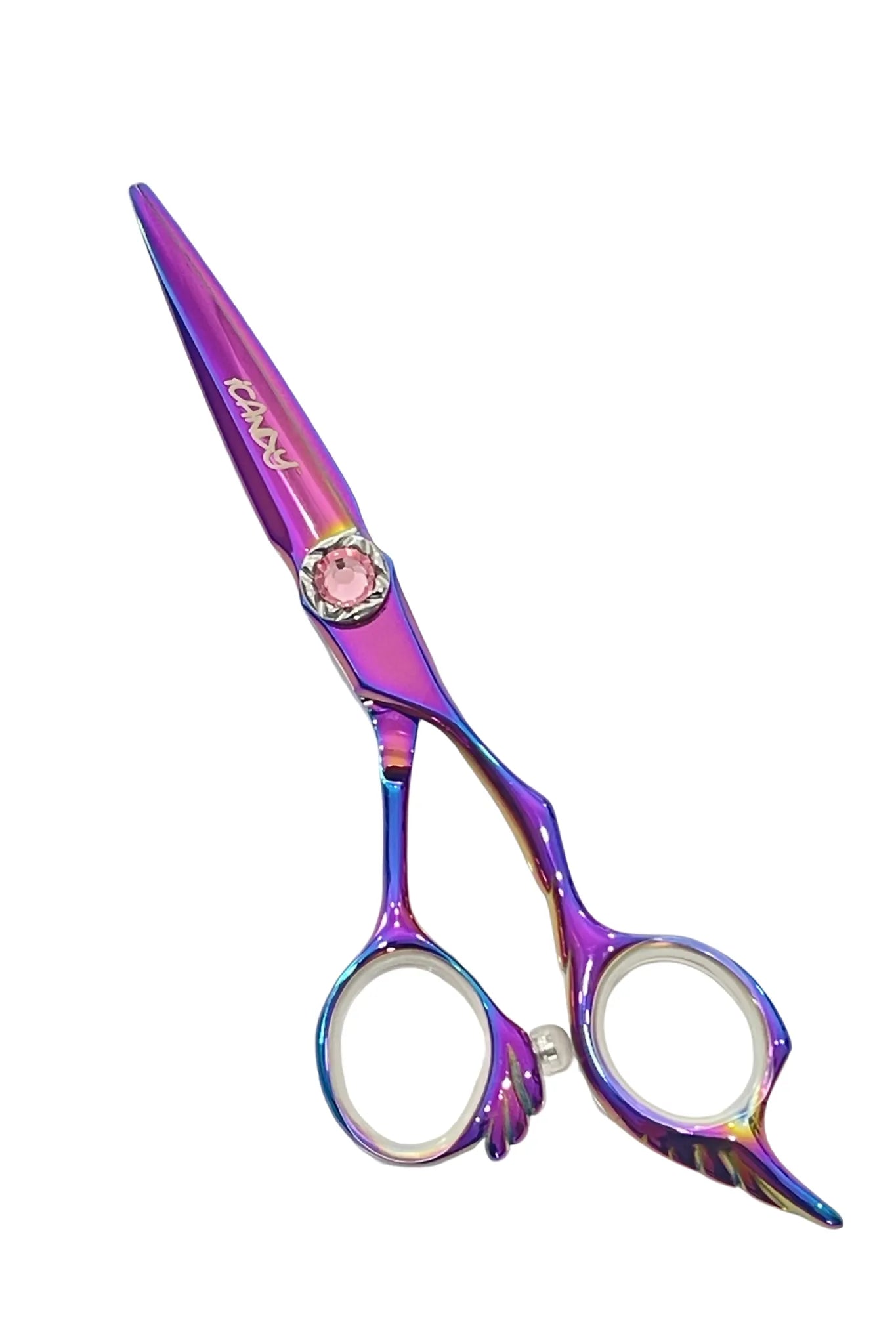 iCandy ANGEL Dream Pink Diamante VG10 5.5 inch professional hairdressing scissors featuring Japanese VG10 steel, convex edge blade, pink golden rainbow titanium coating and an ergonomic offset handle for precision haircutting.