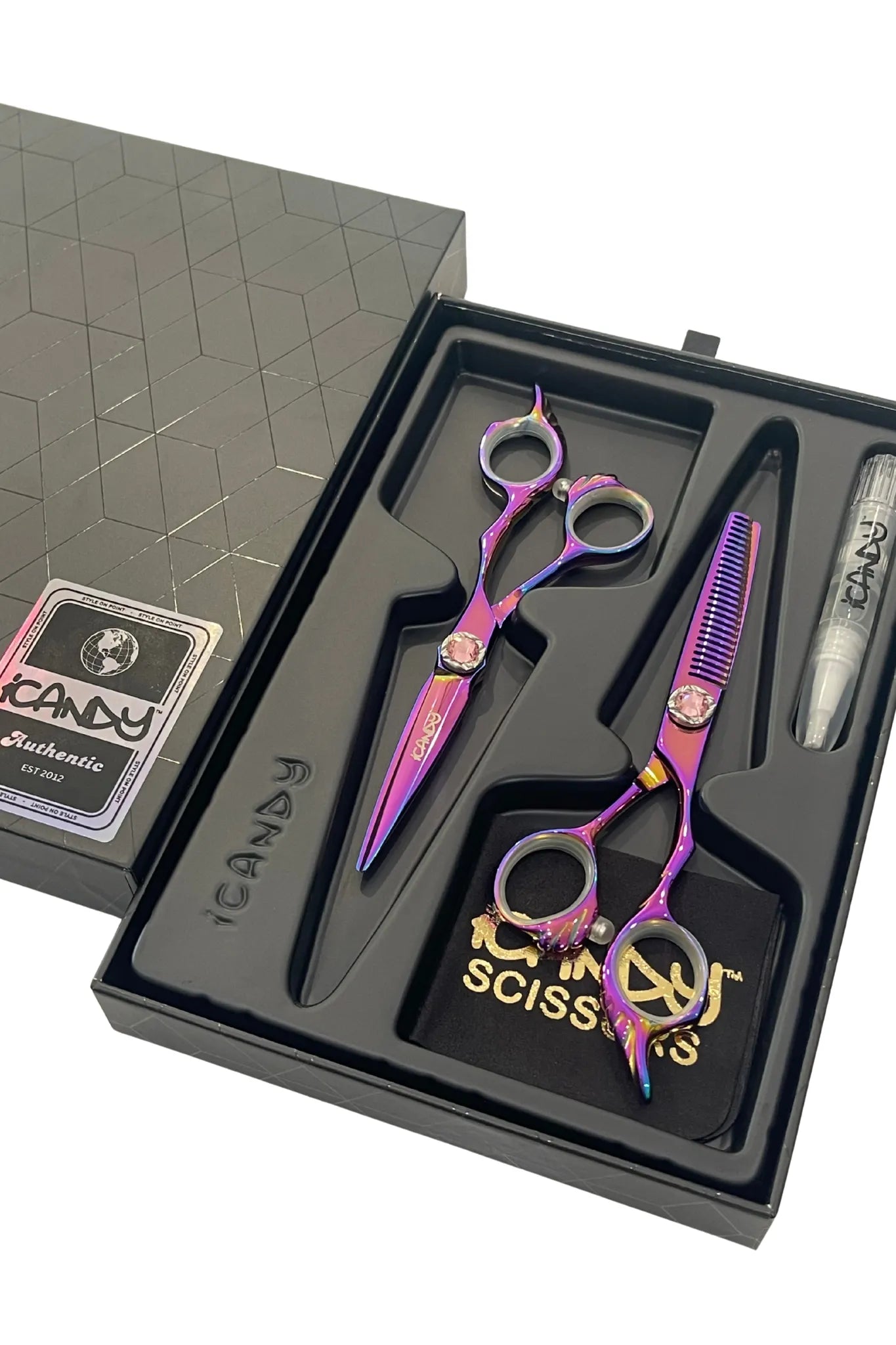 iCandy ANGEL Dream Pink Diamante VG10 Hairdressing Scissor Bundle 5.5 inch presented in the official iCandy premium gift box, crafted from Japanese VG10 steel with an elegant pink golden rainbow titanium finish for professional salon performance.