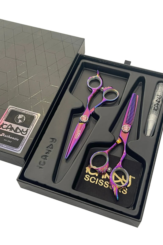 iCandy ANGEL Dream Pink Diamante VG10 Hairdressing Scissor Bundle 5.5 inch presented in the official iCandy premium gift box, crafted from Japanese TAKEFU VG10 steel with an elegant pink golden rainbow titanium finish for professional salon performance.