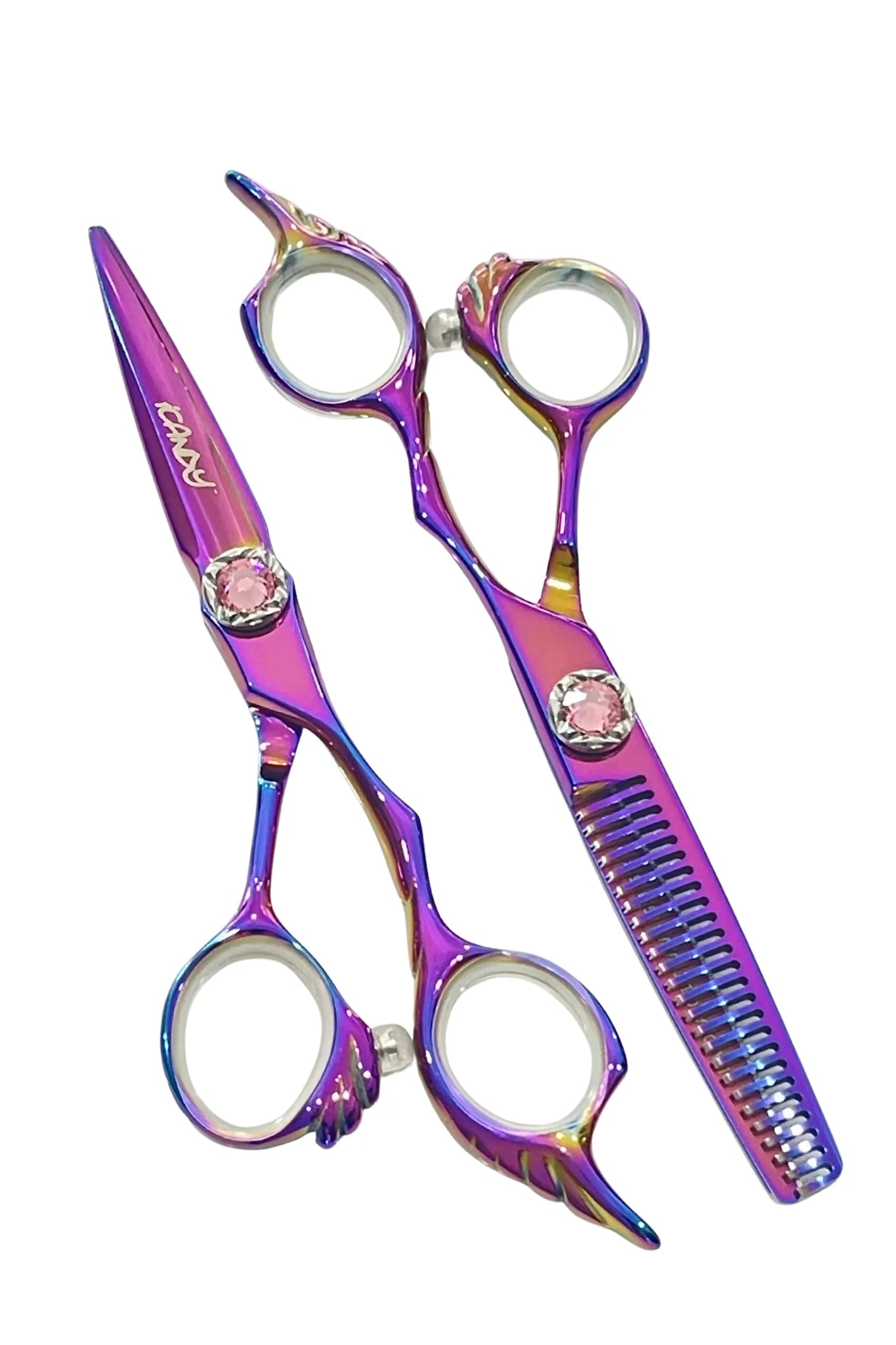 iCandy ANGEL Dream Pink Diamante VG10 professional hairdressing scissor and thinning scissor bundle featuring premium Japanese VG10 steel, matching pink golden rainbow titanium coating and ergonomic offset handles for precision cutting and blending.