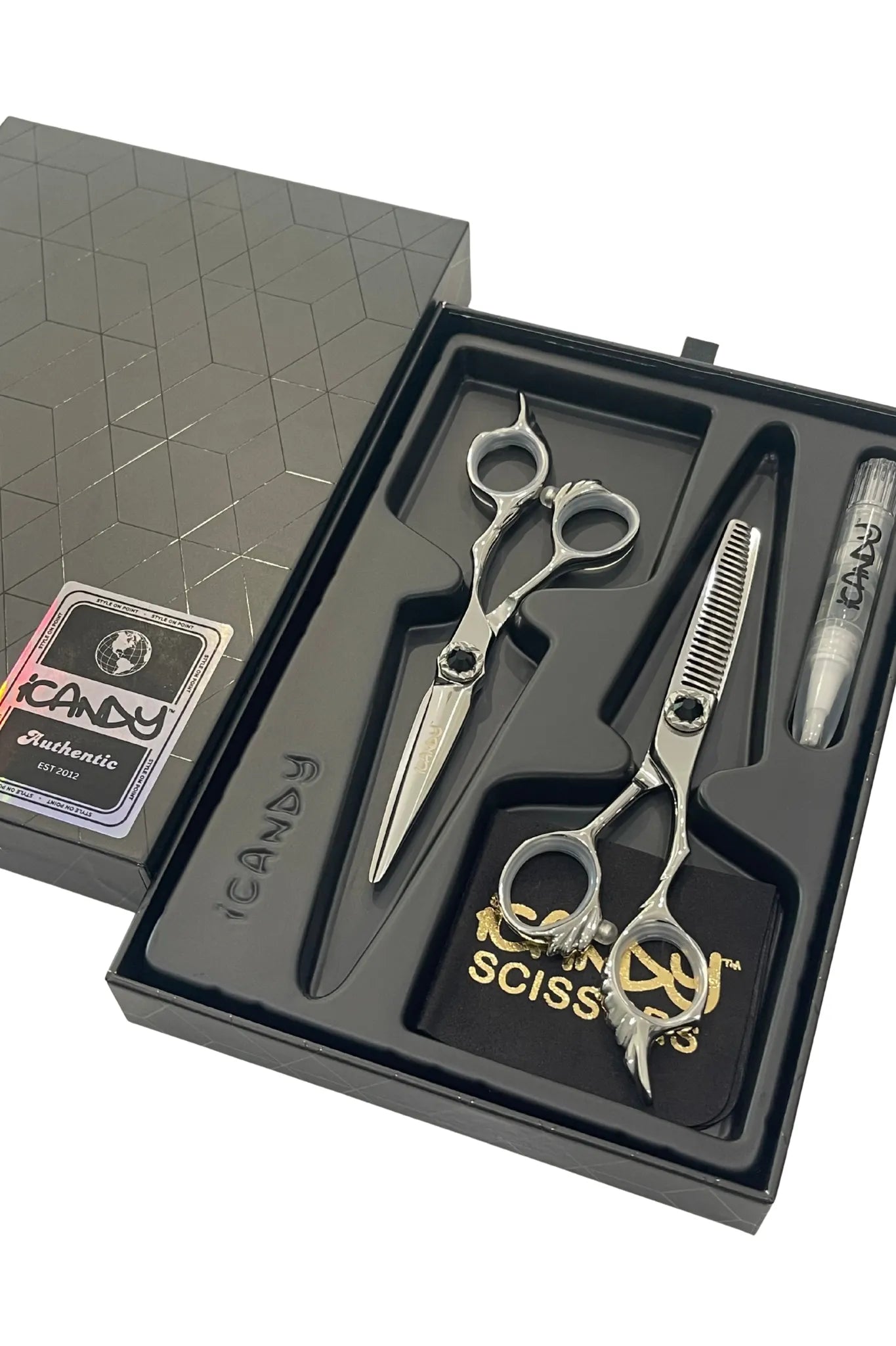 iCandy ANGEL Ice Black Diamond VG10 Hairdressing Scissor Bundle 5.5 inch presented in the official iCandy premium gift box, crafted from Japanese TAKEFU VG10 steel and featuring a striking black diamanté tension screw for precision cutting and professional salon performance.