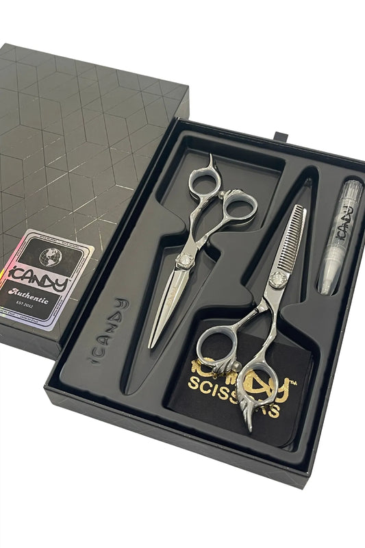 iCandy ANGEL Ice VG10 Hairdressing Scissor Bundle 5.5 inch presented in the official iCandy premium gift box, crafted from Japanese TAKEFU VG10 steel with crystal-clear diamanté tension screws for precision cutting and professional salon performance.