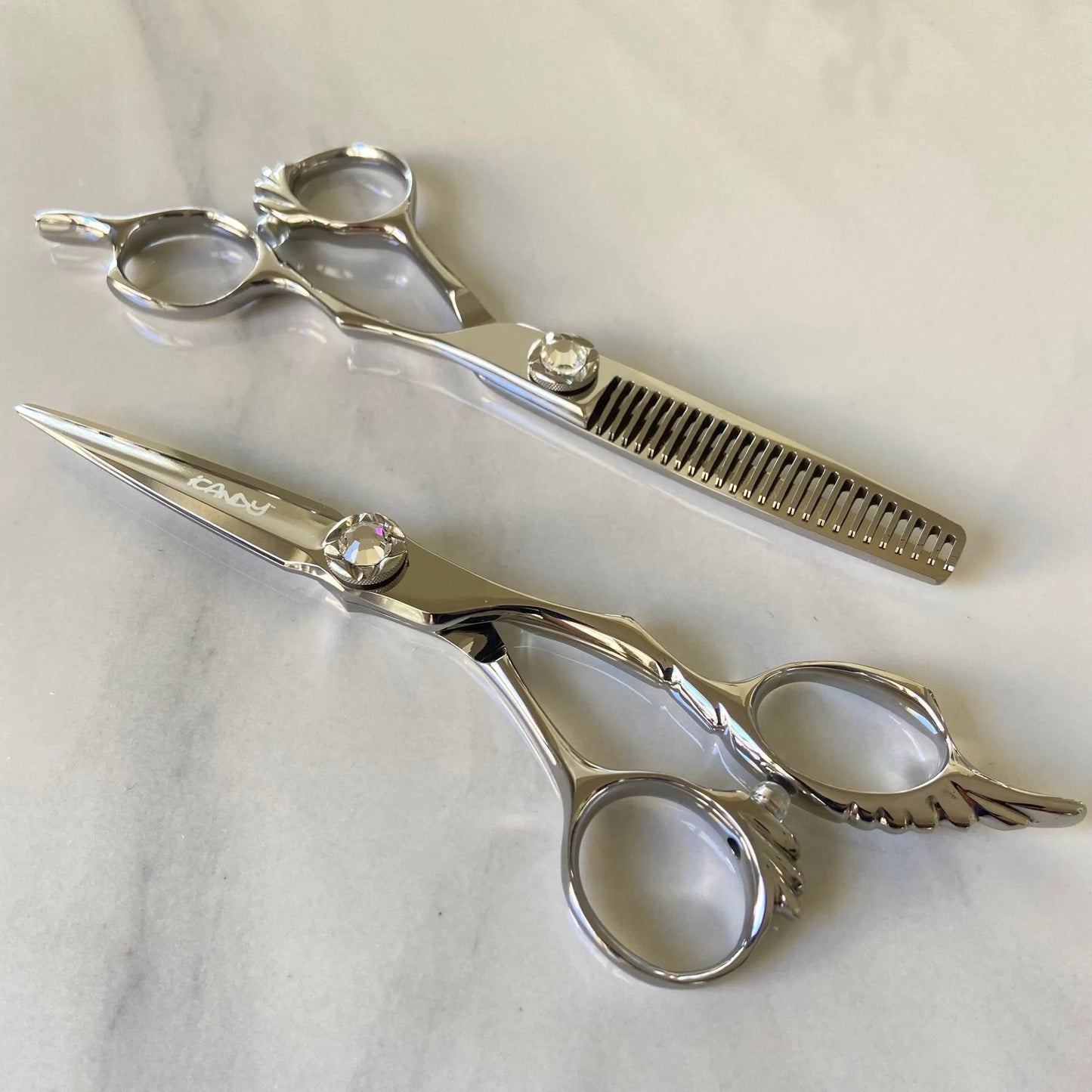iCandy ANGEL Ice VG10 professional hairdressing scissors and thinning scissors bundle featuring premium Japanese TAKEFU VG10 steel, ergonomic offset handles, precision convex blades and elegant crystal diamanté tension screws for smooth cutting and controlled texturising.