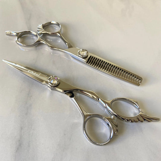 iCandy ANGEL Ice VG10 professional hairdressing scissors and thinning scissors bundle featuring premium Japanese TAKEFU VG10 steel, ergonomic offset handles, precision convex blades and elegant crystal diamanté tension screws for smooth cutting and controlled texturising.