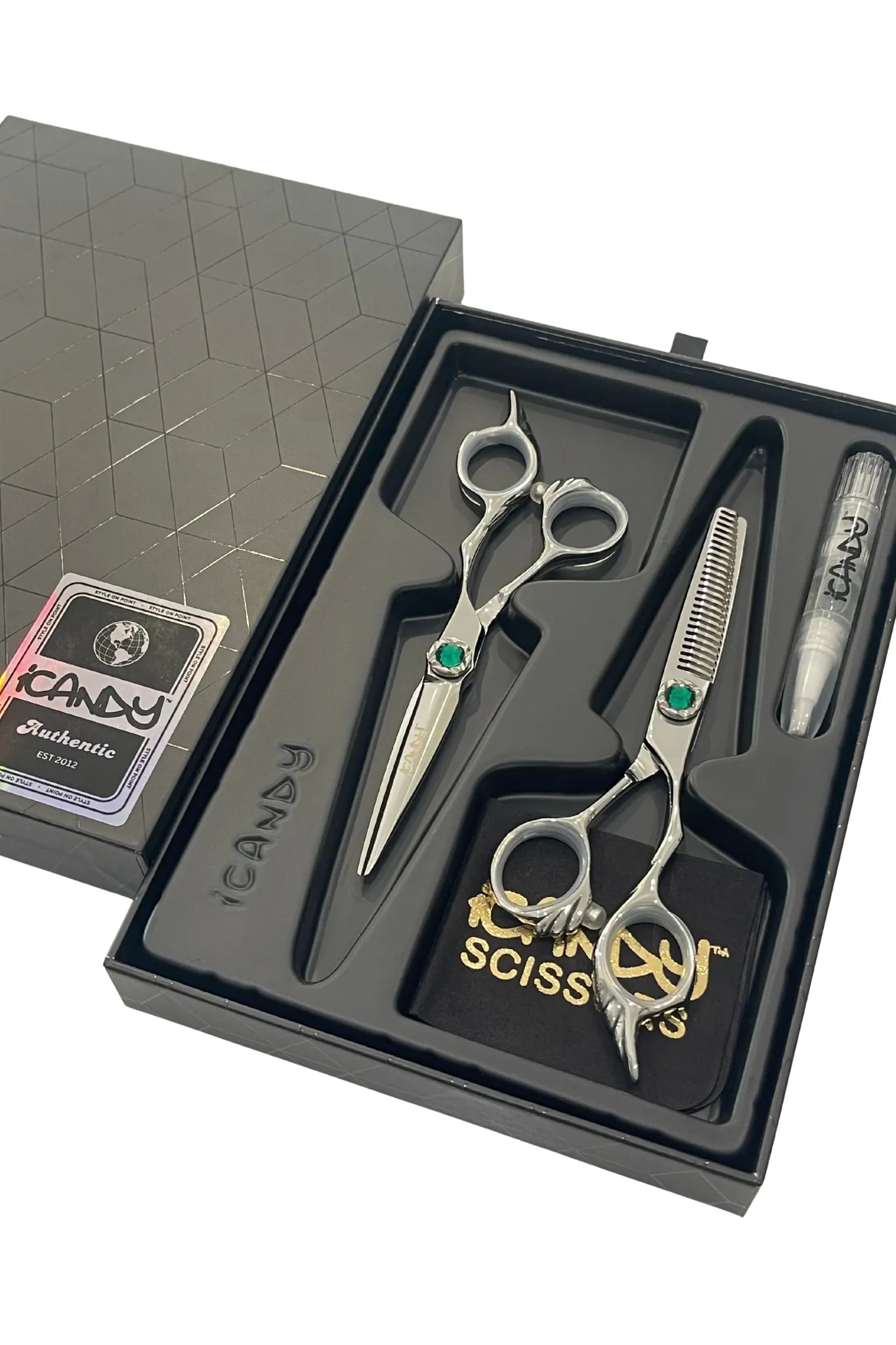 iCandy ANGEL Ice Emerald VG10 Hairdressing Scissor Bundle 5.5 inch presented in the official iCandy premium gift box, crafted from Japanese TAKEFU VG10 steel and finished with a signature emerald green diamanté tension screw for professional salon performance.