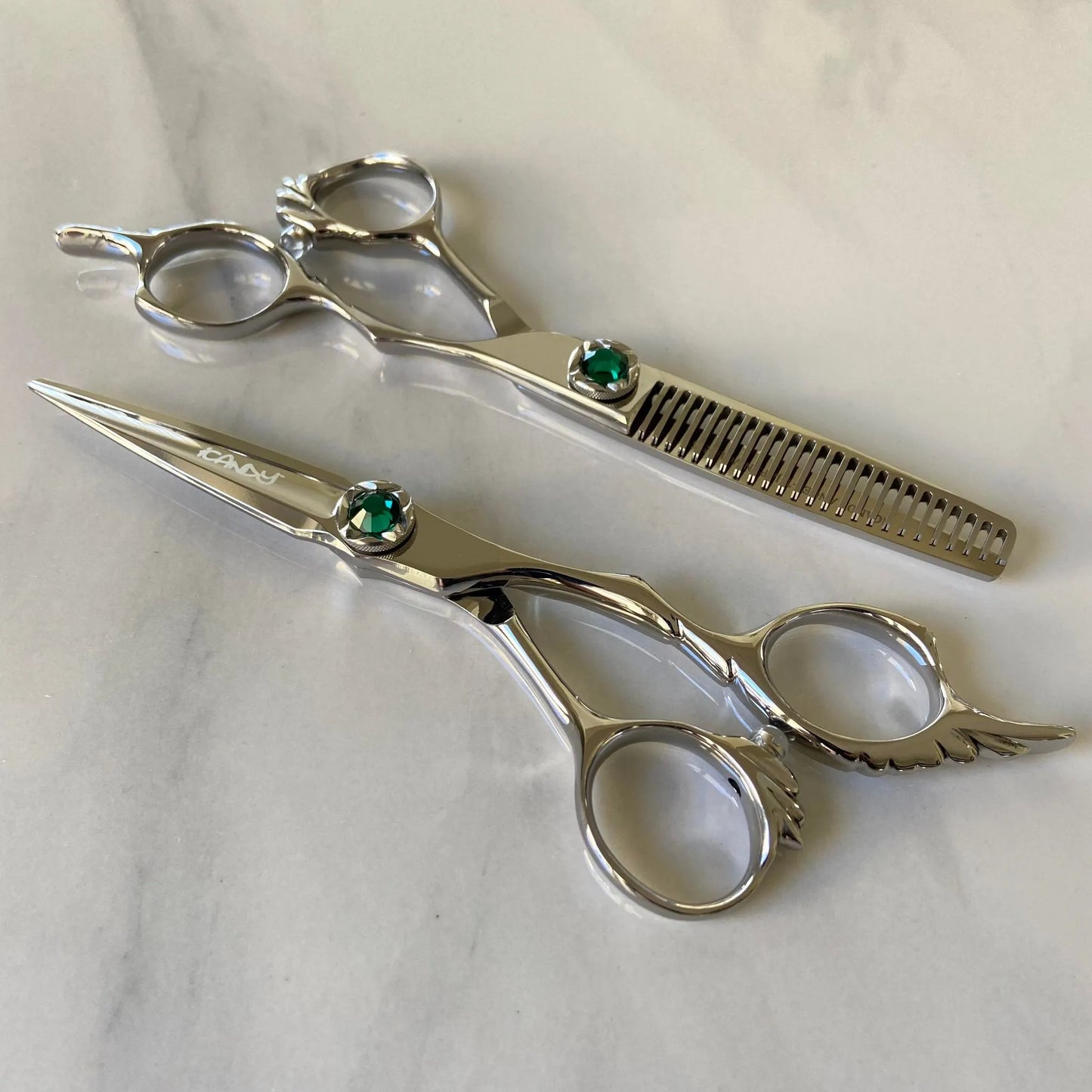 iCandy ANGEL Ice Emerald VG10 professional hairdressing scissors and thinning scissors bundle featuring premium Japanese TAKEFU VG10 steel, ergonomic offset handles, precision convex blades and a distinctive emerald green diamanté tension screw.