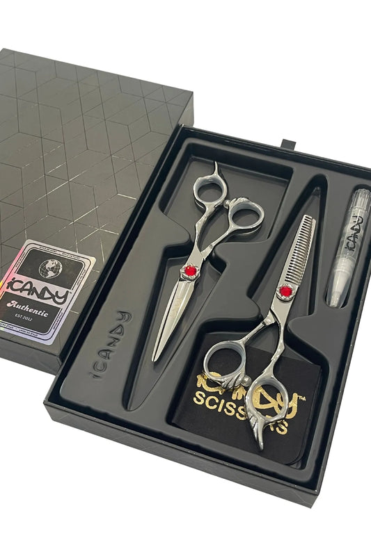 iCandy ANGEL Ice Ruby VG10 Hairdressing Scissor Bundle 5.5 inch presented in the official iCandy premium gift box, crafted from Japanese TAKEFU VG10 steel and featuring a vibrant ruby red diamanté tension screw for precision cutting and professional salon performance.
