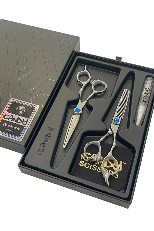 iCandy ANGEL Ice Blue VG10 Hairdressing Scissor Bundle 5.5 inch presented in the official iCandy premium gift box, crafted from Japanese TAKEFU VG10 steel and featuring a brilliant ice blue diamanté tension screw for precision cutting and professional salon performance.