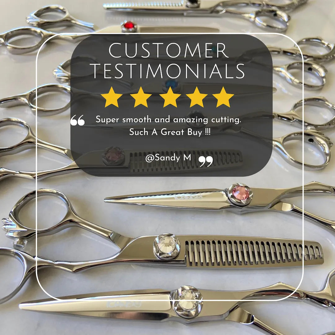 Verified customer testimonial graphic displaying Sandy M's 5-star review of the iCandy ANGEL Dream Pink Diamante VG10 Scissor Bundle, trusted by professional hairdressers for precision cutting, smooth performance and premium quality.
