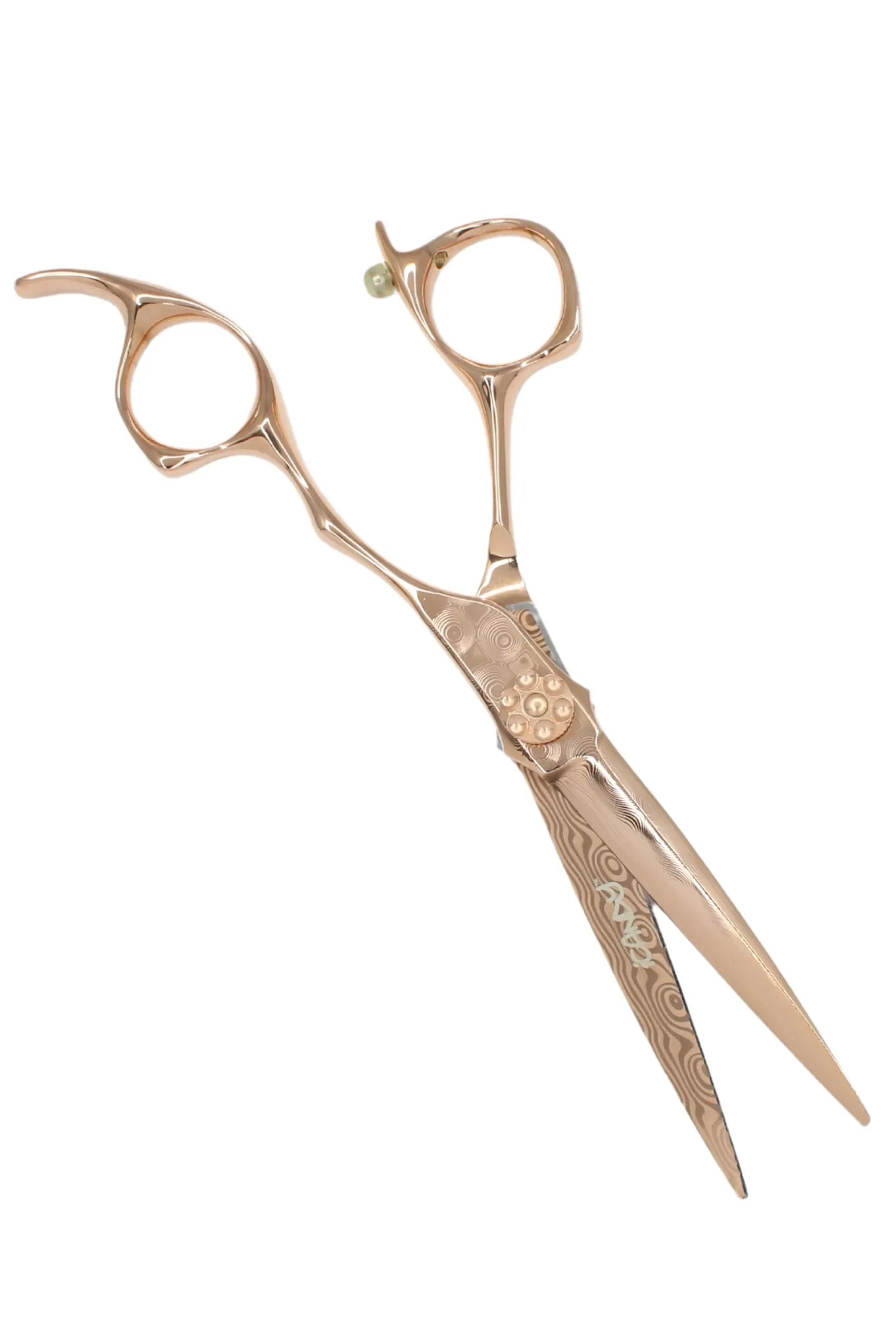 iCandy DAMASCUS ALL STAR Rose Gold Hairdressing Scissors 6.0 inch Limited Edition featuring handcrafted Swedish Damascus steel, signature rose gold finish, ergonomic offset handle and precision convex edge for professional hairdressers and barbers.
