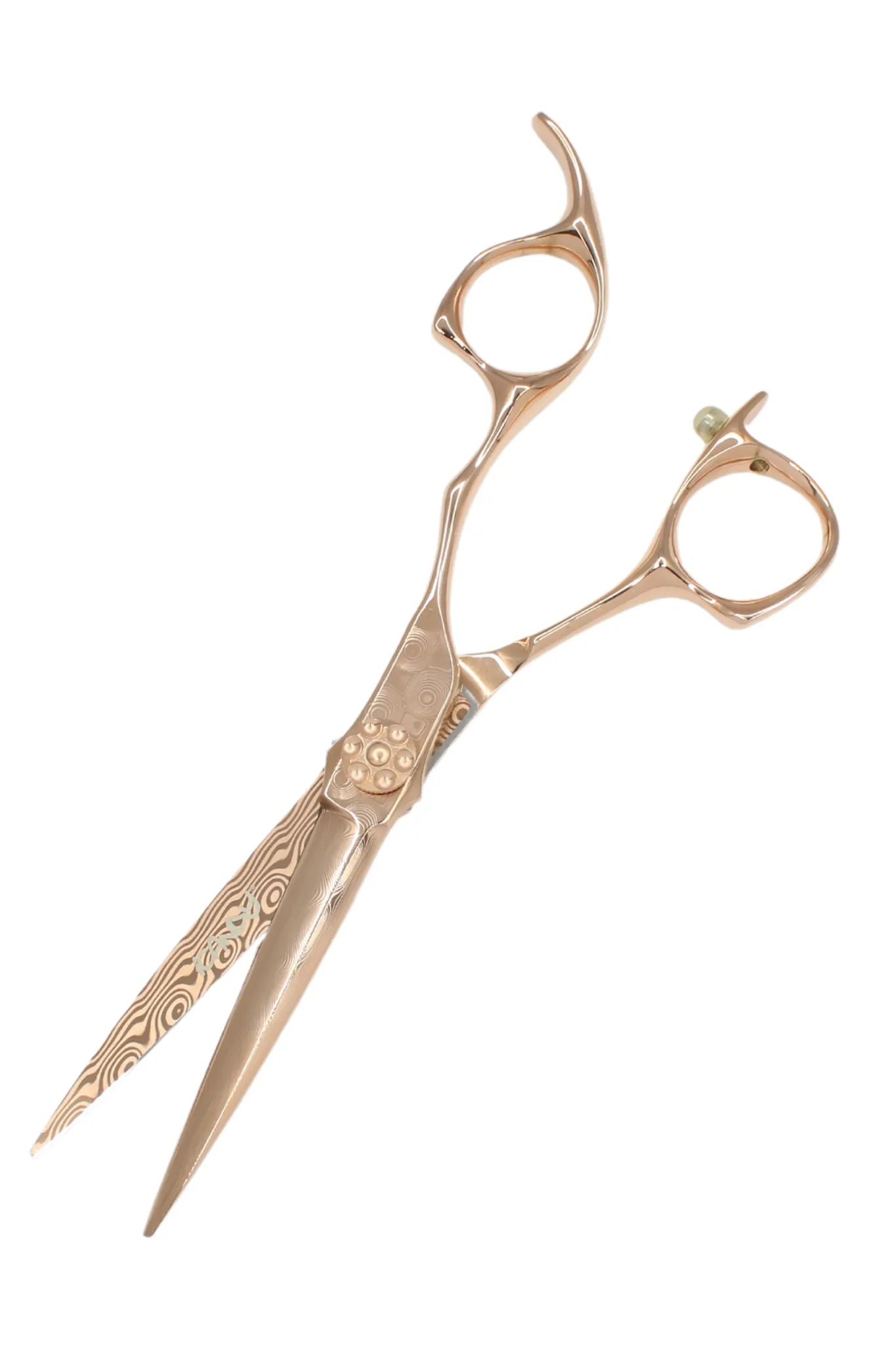 Close-up of the iCandy DAMASCUS ALL STAR Rose Gold Limited Edition scissors showcasing the unique layered Swedish Damascus steel pattern, handcrafted convex blade and luxurious rose gold titanium finish.