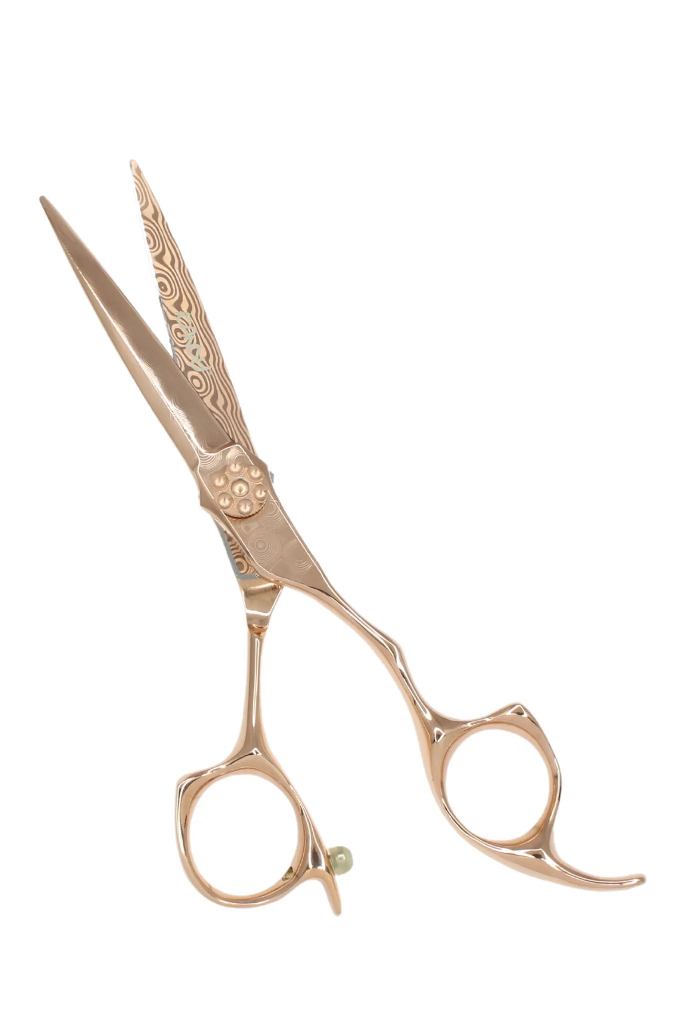 Ergonomic offset handle of the iCandy DAMASCUS ALL STAR Rose Gold professional hairdressing scissors featuring balanced finger rests, precision tension system and handcrafted Damascus steel for exceptional salon comfort and control.