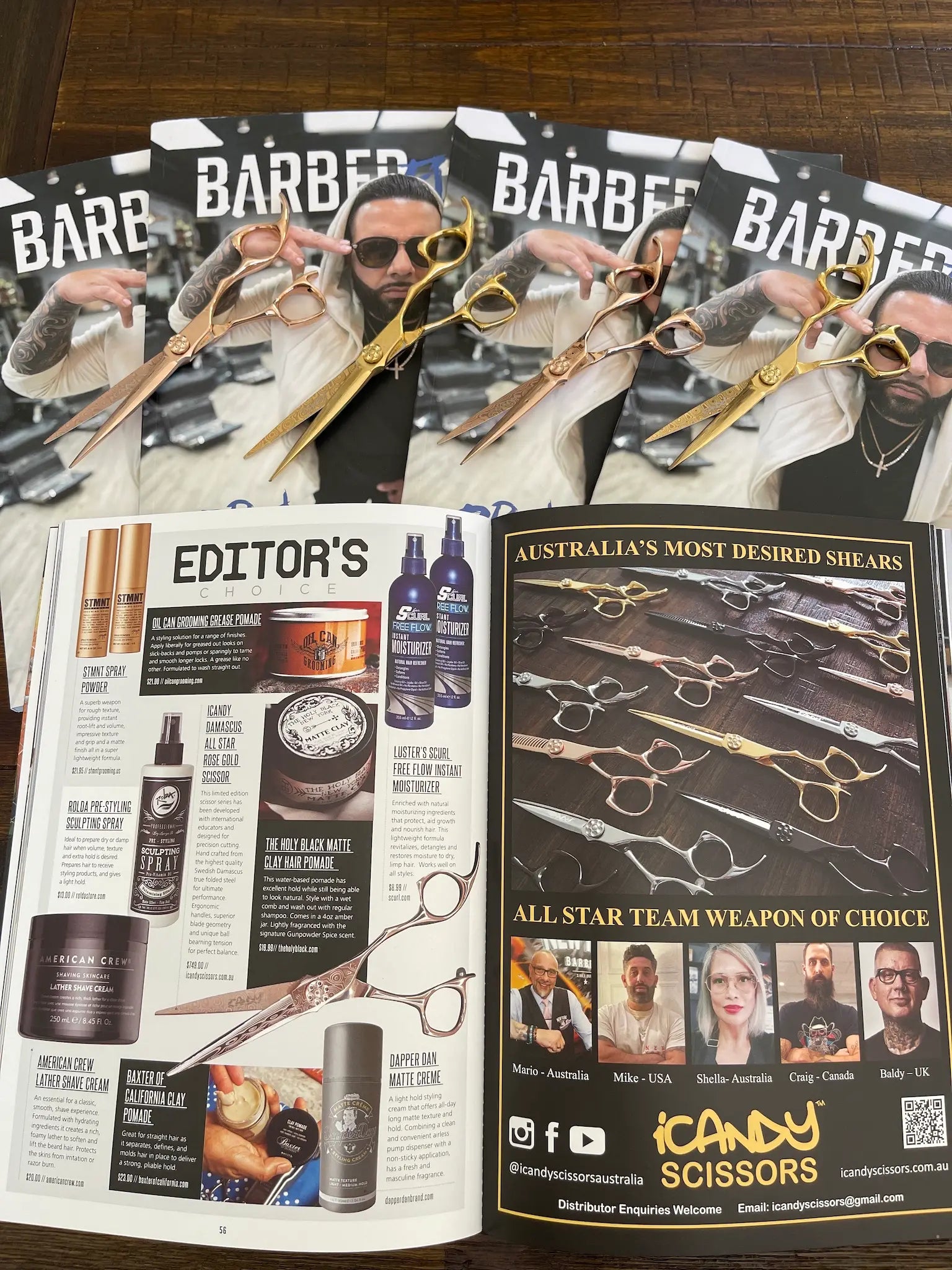 iCandy DAMASCUS ALL STAR Hairdressing Scissors featured as Editor's Choice in BarberEVO Magazine North America 2021, recognising the limited edition professional Damascus steel scissors for innovation, premium craftsmanship and performance.
