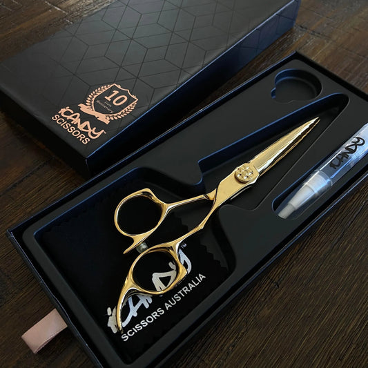iCandy ALL STAR Damascus Yellow Gold 6.0 inch Limited Edition professional hairdressing scissors presented in the official iCandy premium case, celebrating the final release of this rare collector's edition designed for professional stylists and barbers.