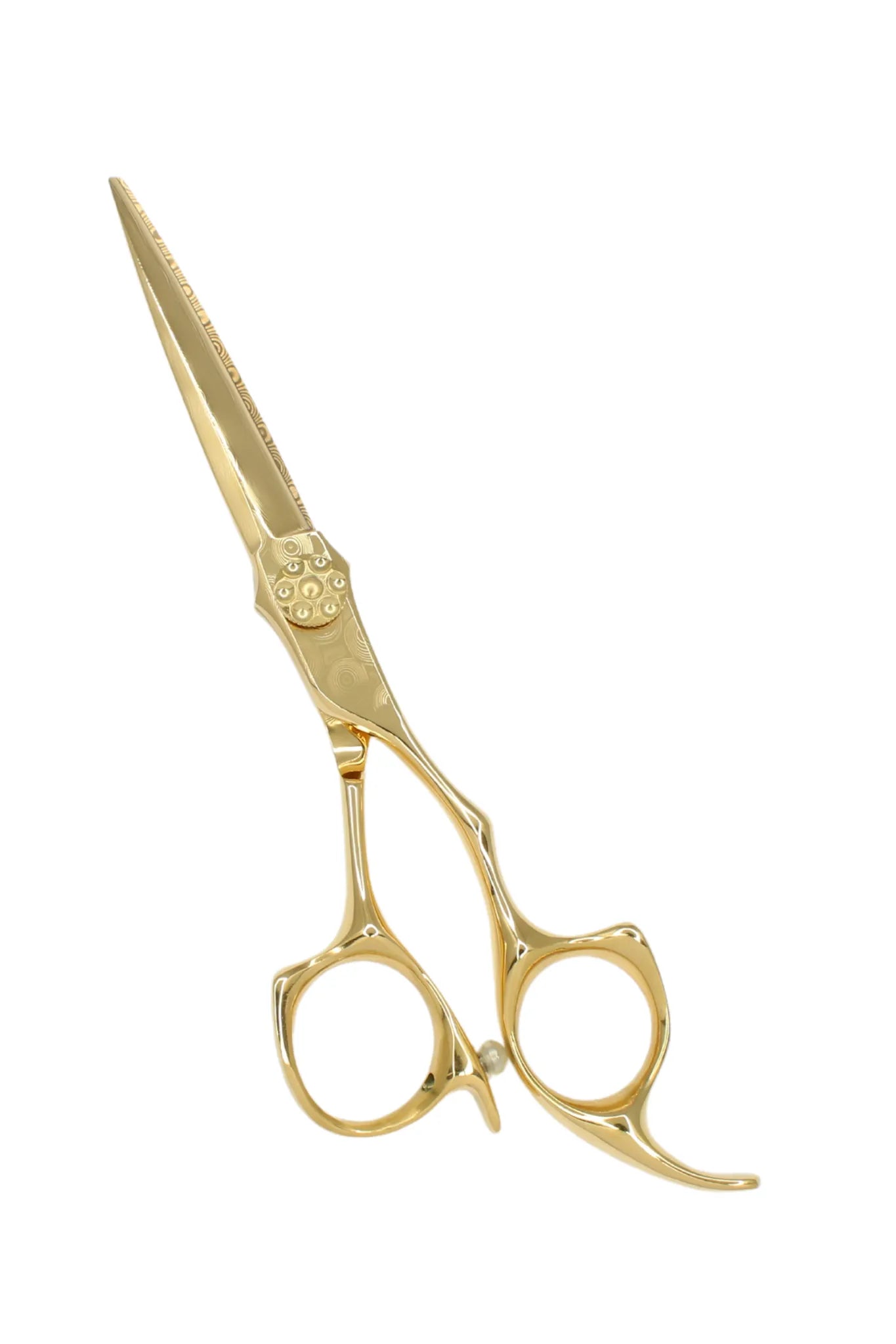 iCandy ALL STAR Damascus Yellow Gold Hairdressing Scissors 6.0 inch Limited Edition featuring handcrafted Damascus steel blades, polished yellow gold finish, ergonomic offset handle and premium professional cutting performance for hairdressers and barbers.
