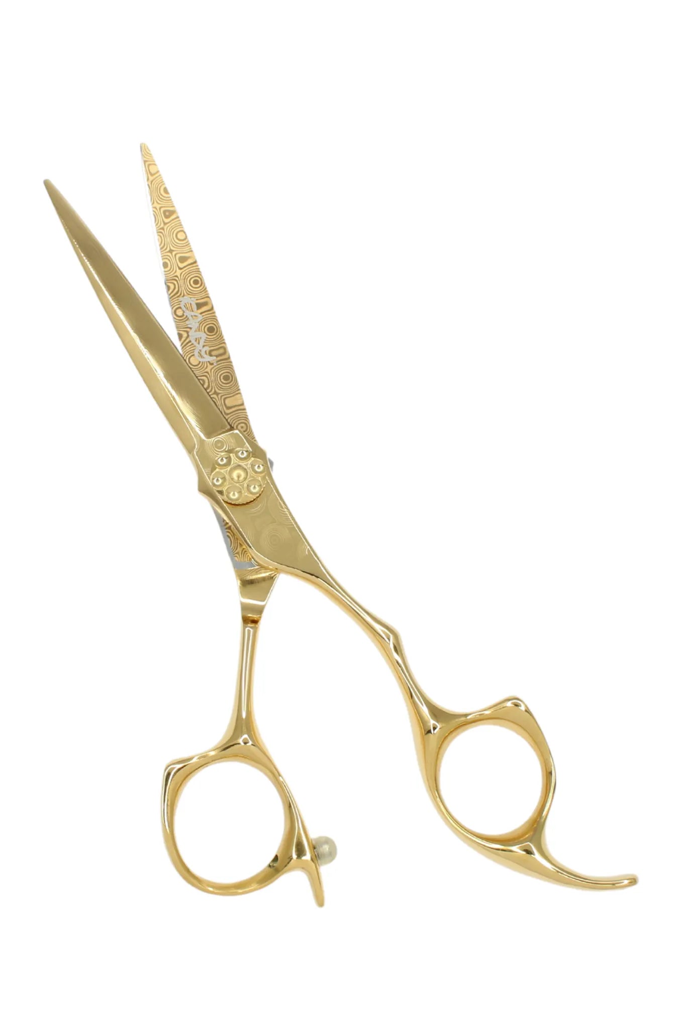 Ergonomic offset handle design of the iCandy ALL STAR Damascus Yellow Gold Limited Edition hairdressing scissors with balanced finger rests, smooth precision tension system and handcrafted Damascus steel construction for professional salon comfort.
