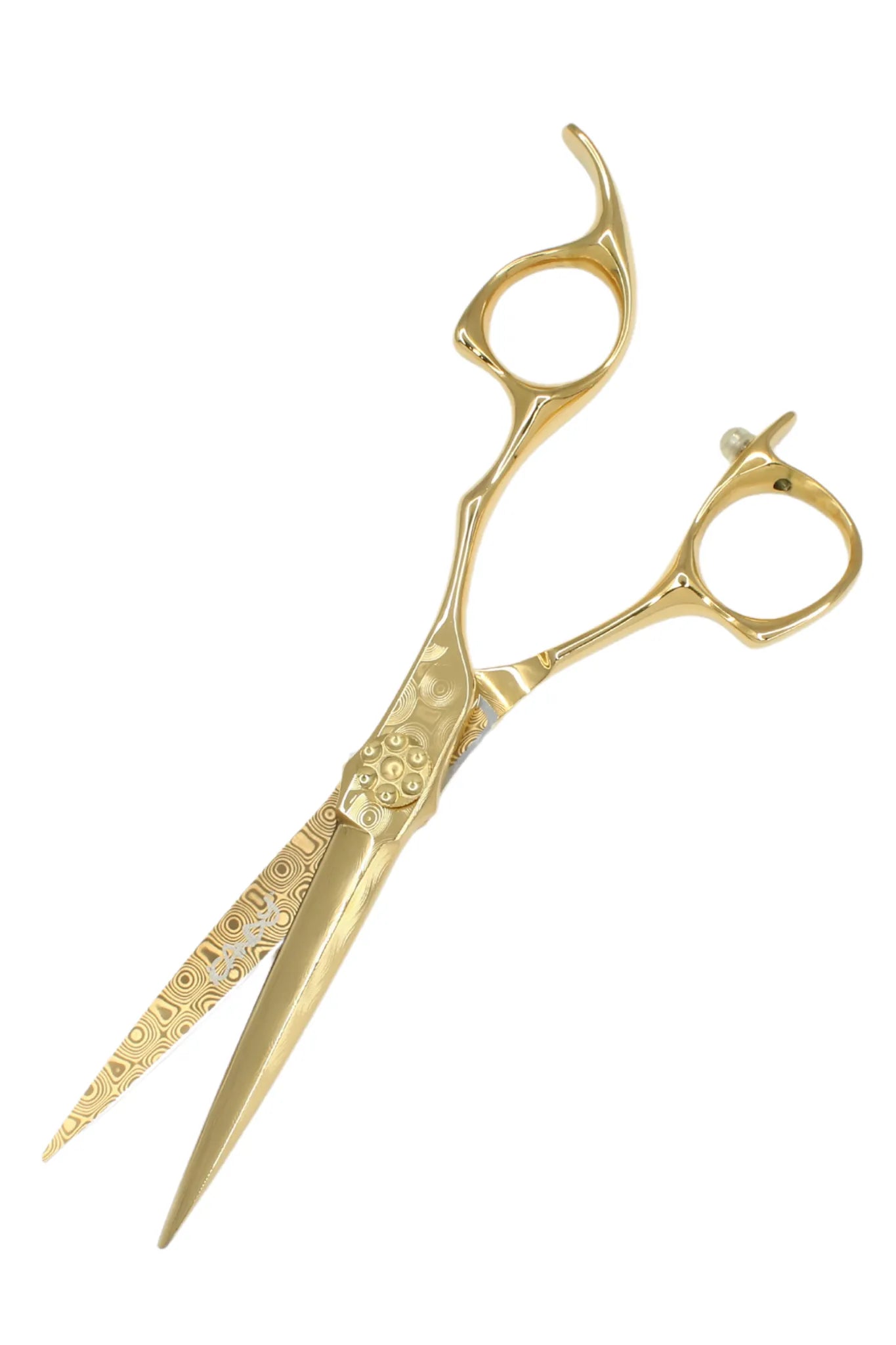 Close-up of the iCandy ALL STAR Damascus Yellow Gold Limited Edition 6.0 inch professional hairdressing scissors showcasing the unique layered Damascus steel pattern, precision convex edge blade and premium yellow gold finish.