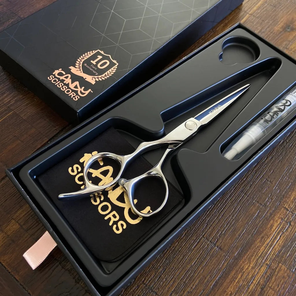 iCandy ELECTRO Silver VG10 Left-Handed Hairdressing Scissors 5.5 inch handcrafted from Japanese TAKEFU VG10 steel with an exclusive Silver Mirror Polished finish, presented in the official iCandy premium gift box for professional salon cutting.