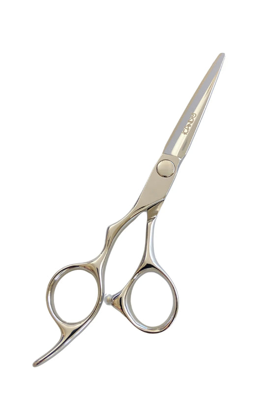 iCandy ELECTRO Silver VG10 5.5 inch left-handed professional hairdressing scissors featuring a Sword Mountain convex blade, ergonomic offset handle and Silver Mirror Polished finish for effortless precision haircutting.