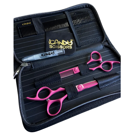 iCandy ELECTRO Sunset Pink VG10 left-handed professional cutting and thinning scissors bundle featuring Japanese TAKEFU VG10 steel, precision convex blades, ergonomic offset handles and Sunset Pink Teflon Nano coating for flawless haircutting and texturising.