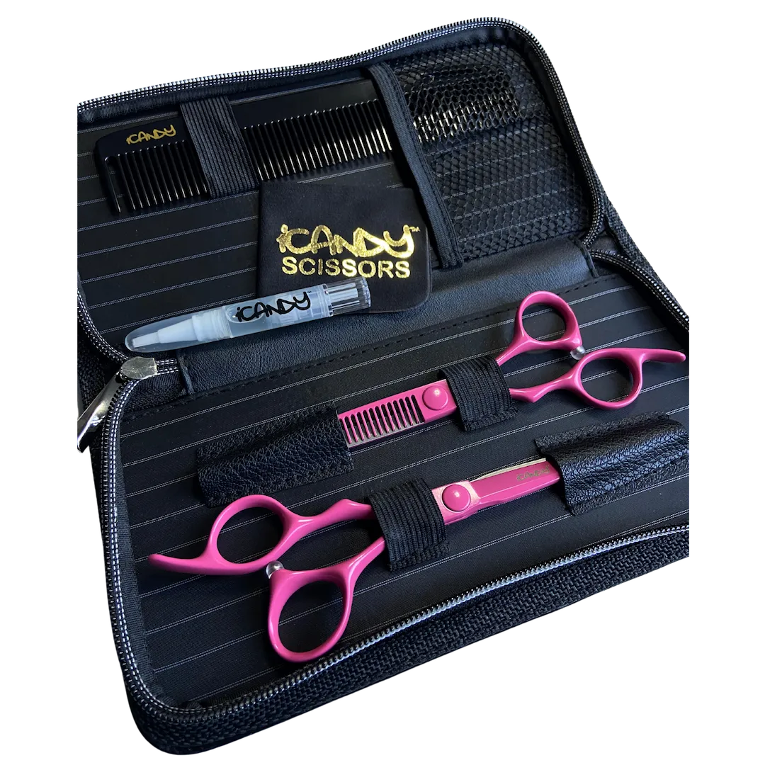 iCandy ELECTRO Sunset Pink VG10 left-handed professional cutting and thinning scissors bundle featuring Japanese TAKEFU VG10 steel, precision convex blades, ergonomic offset handles and Sunset Pink Teflon Nano coating for flawless haircutting and texturising.