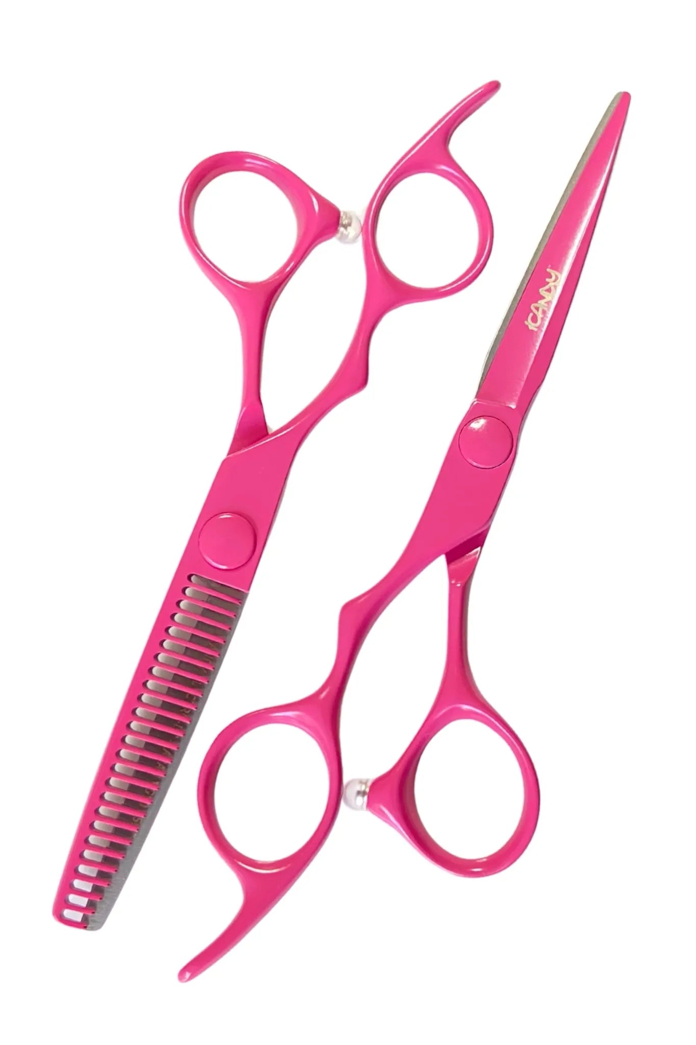 Professional iCandy ELECTRO Sunset Pink VG10 left-handed haircutting and thinning bundle with ergonomic offset handles, Sword Mountain blade technology, 25-tooth texturising thinner and smooth Sunset Pink Teflon Nano finish for precision salon artistry.

