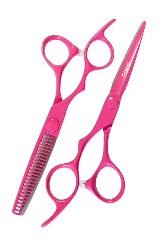 Professional iCandy ELECTRO Sunset Pink VG10 left-handed haircutting and thinning bundle with ergonomic offset handles, Sword Mountain blade technology, 25-tooth texturising thinner and smooth Sunset Pink Teflon Nano finish for precision salon artistry.
