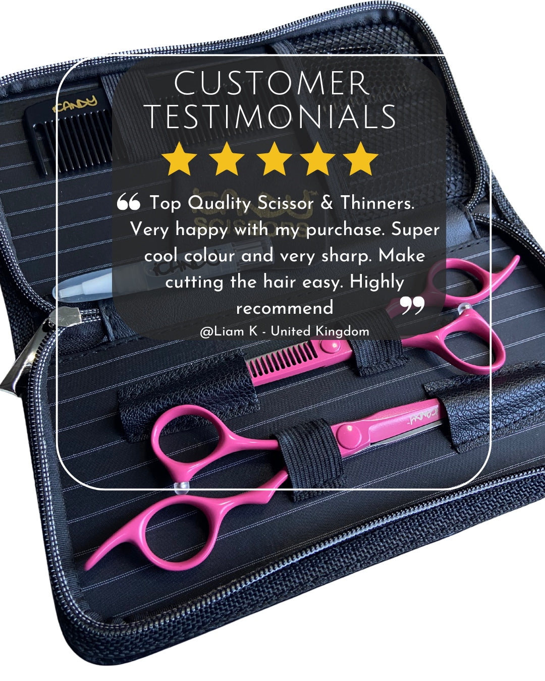 iCandy Electro Sunset Pink VG10 hairdressing scissors bundle with 5-star customer review from Liam K, professional stylist in the UK