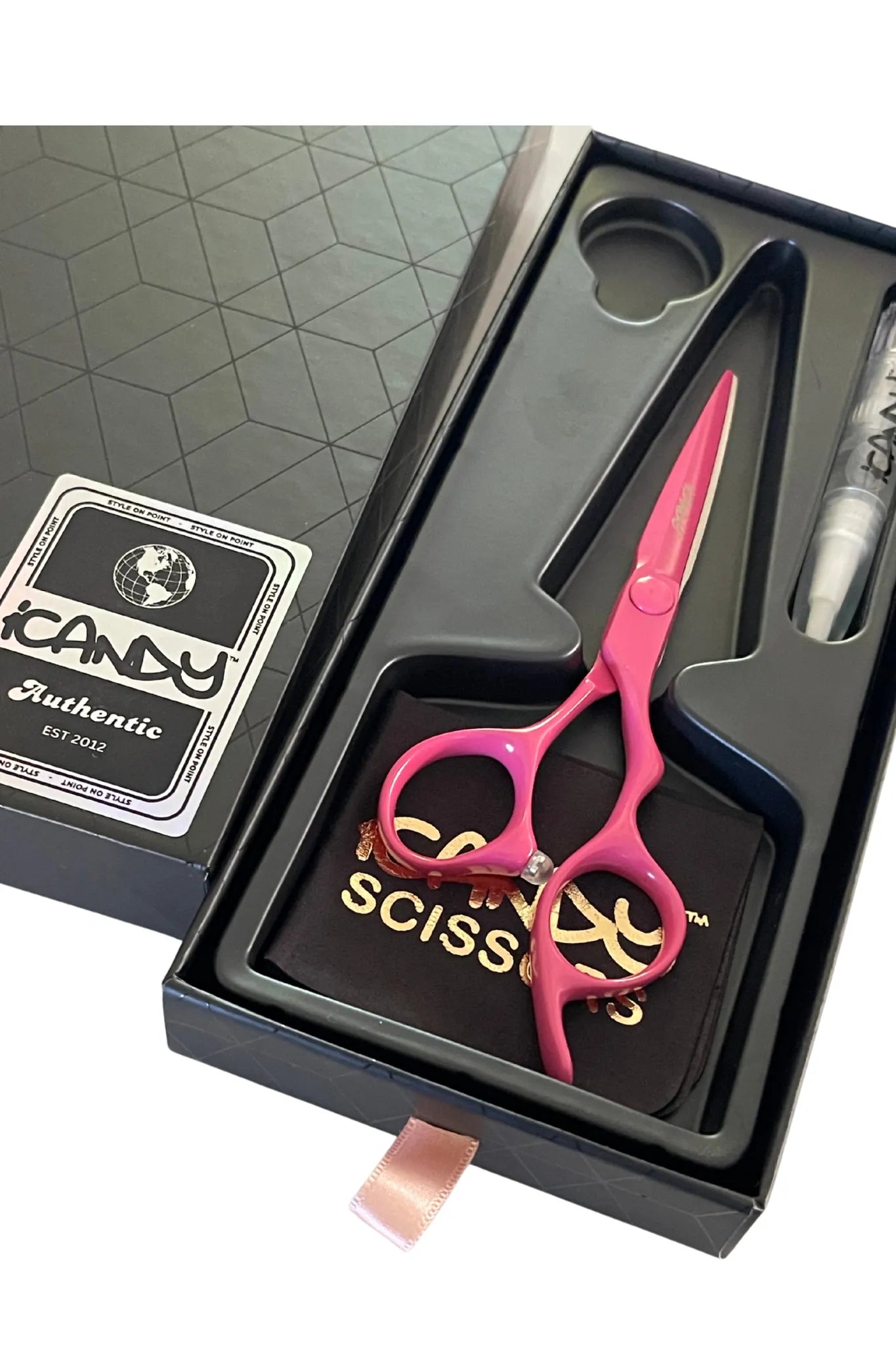 iCandy ELECTRO Sunset Pink VG10 Hairdressing Scissors 5.5 inch Limited Edition presented in the official iCandy premium gift box, crafted from Japanese VG10 steel with an exclusive Sunset Pink Teflon coating for professional salon cutting performance.