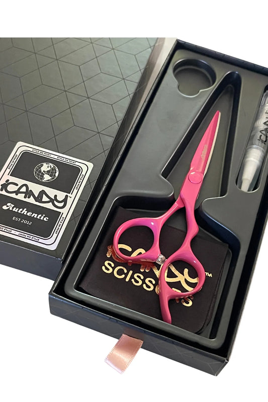 iCandy ELECTRO Sunset Pink VG10 Hairdressing Scissors 5.5 inch Limited Edition presented in the official iCandy premium gift box, crafted from Japanese TAKEFU VG10 steel with an exclusive Sunset Pink Teflon coating for professional salon cutting performance.
