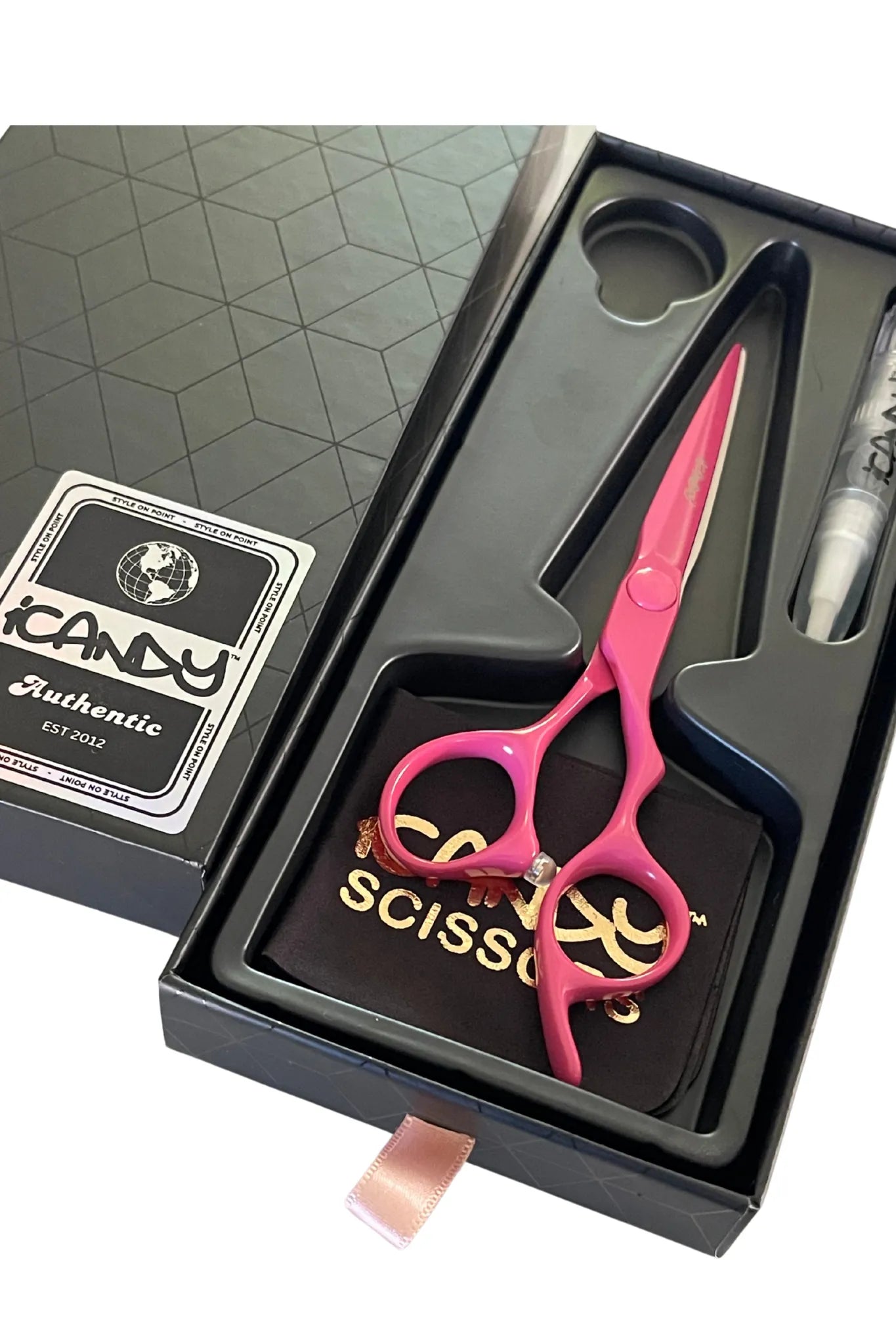 iCandy ELECTRO Sunset Pink VG10 Hairdressing Scissors 6.0 inch Limited Edition presented in the official iCandy premium gift box, crafted from Japanese VG10 steel with an exclusive Sunset Pink Teflon Nano coating for professional precision cutting.