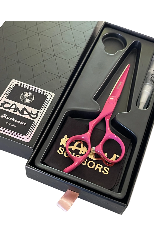 iCandy ELECTRO Sunset Pink VG10 Left-Handed Hairdressing Scissors 5.5 inch Limited Edition presented in the official iCandy premium gift box, handcrafted from Japanese TAKEFU VG10 steel with an exclusive Sunset Pink Teflon Nano coating for precision salon cutting.
