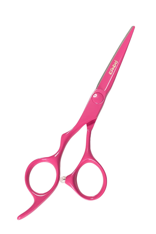 iCandy ELECTRO Sunset Pink VG10 left-handed professional hairdressing scissors 5.5 inch featuring Japanese TAKEFU VG10 steel, Sword Mountain blade design, ergonomic left-handed offset handle and vibrant Sunset Pink Teflon Nano coating for effortless precision cutting.