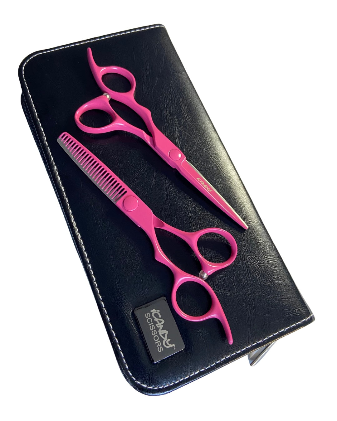 iCandy ELECTRO Sunset Pink VG10 Left-Handed Hairdressing Scissor & Thinner Bundle 5.5-inch displayed on Scissor Case – professional Japanese VG10 steel, ergonomic handles, precision cutting, premium presentation