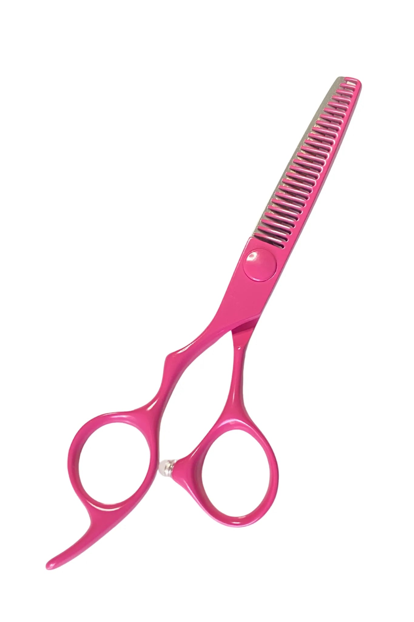 iCandy ELECTRO Sunset Pink VG10 left-handed thinning scissors with precision texturising teeth, Japanese TAKEFU VG10 steel and ergonomic offset handle for controlled blending, soft texture and seamless finishing work.
