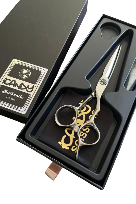 iCandy ELECTRO-X Silver VG10 Hairdressing Scissors 6.5 inch Limited Edition presented in the official iCandy premium gift box, handcrafted from Japanese TAKEFU VG10 steel with an exclusive ELECTRO Silver Mirror Polished finish for precision salon cutting.