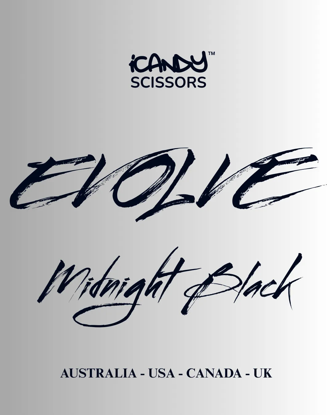 iCandy EVOLVE Midnight Black VG10 professional hairdressing scissors promotional poster showcasing Japanese VG10 steel, premium midnight black titanium coating, innovative ergonomic design and precision cutting performance for professional hairdressers and barbers.