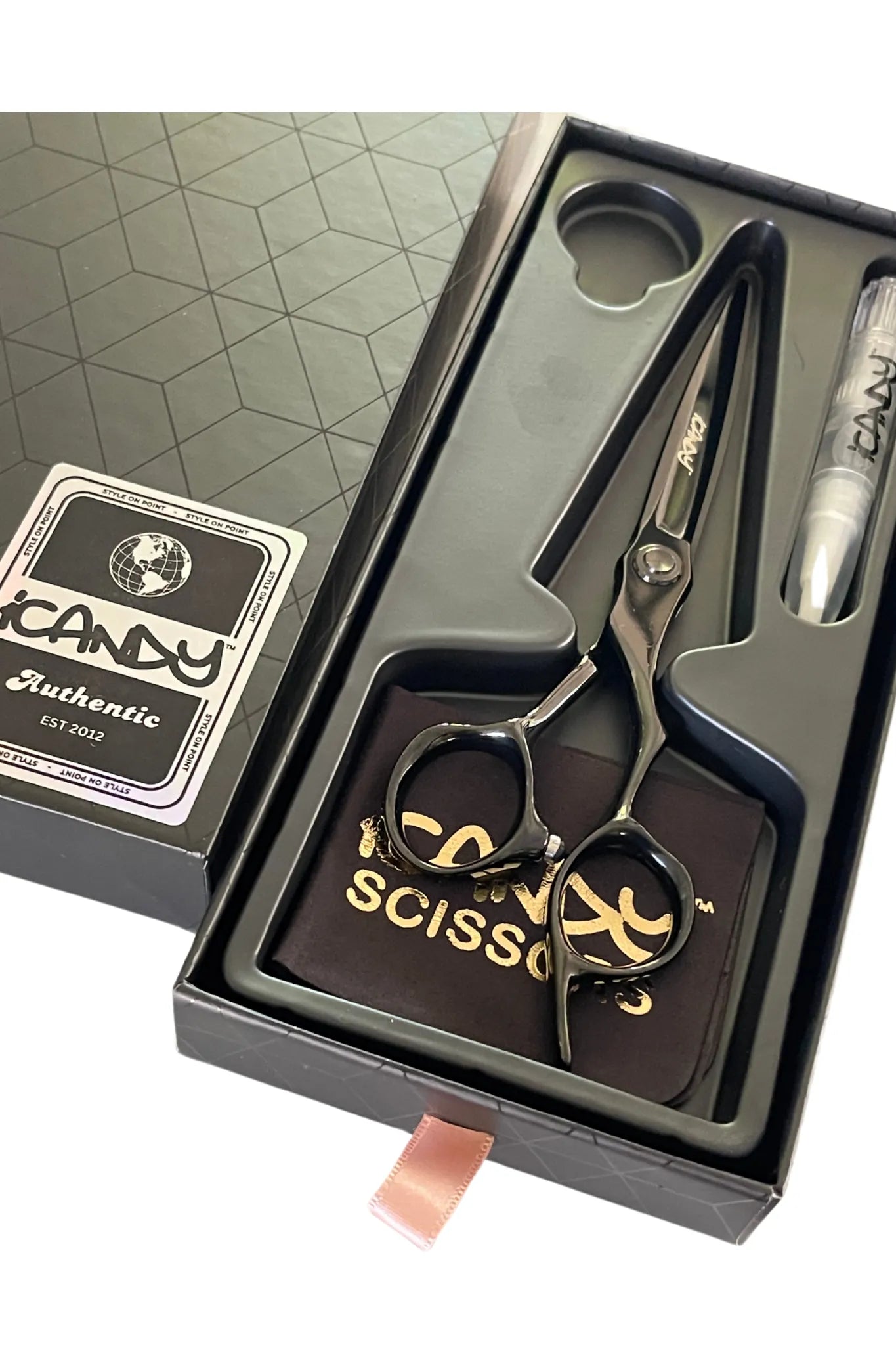 iCandy EVOLVE Midnight Black VG10 Hairdressing Scissors 6.5 inch presented in the official iCandy premium gift box, crafted from Japanese VG10 steel with a midnight black titanium coating for professional salon cutting performance.