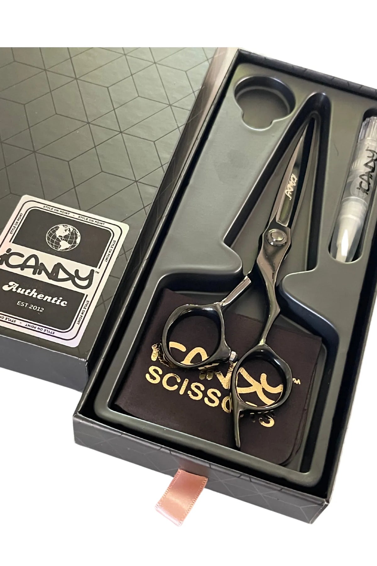 iCandy EVOLVE Midnight Black VG10 Hairdressing Scissors 6.5 inch presented in the official iCandy premium gift box, crafted from Japanese VG10 steel with a midnight black titanium coating for professional salon cutting performance.