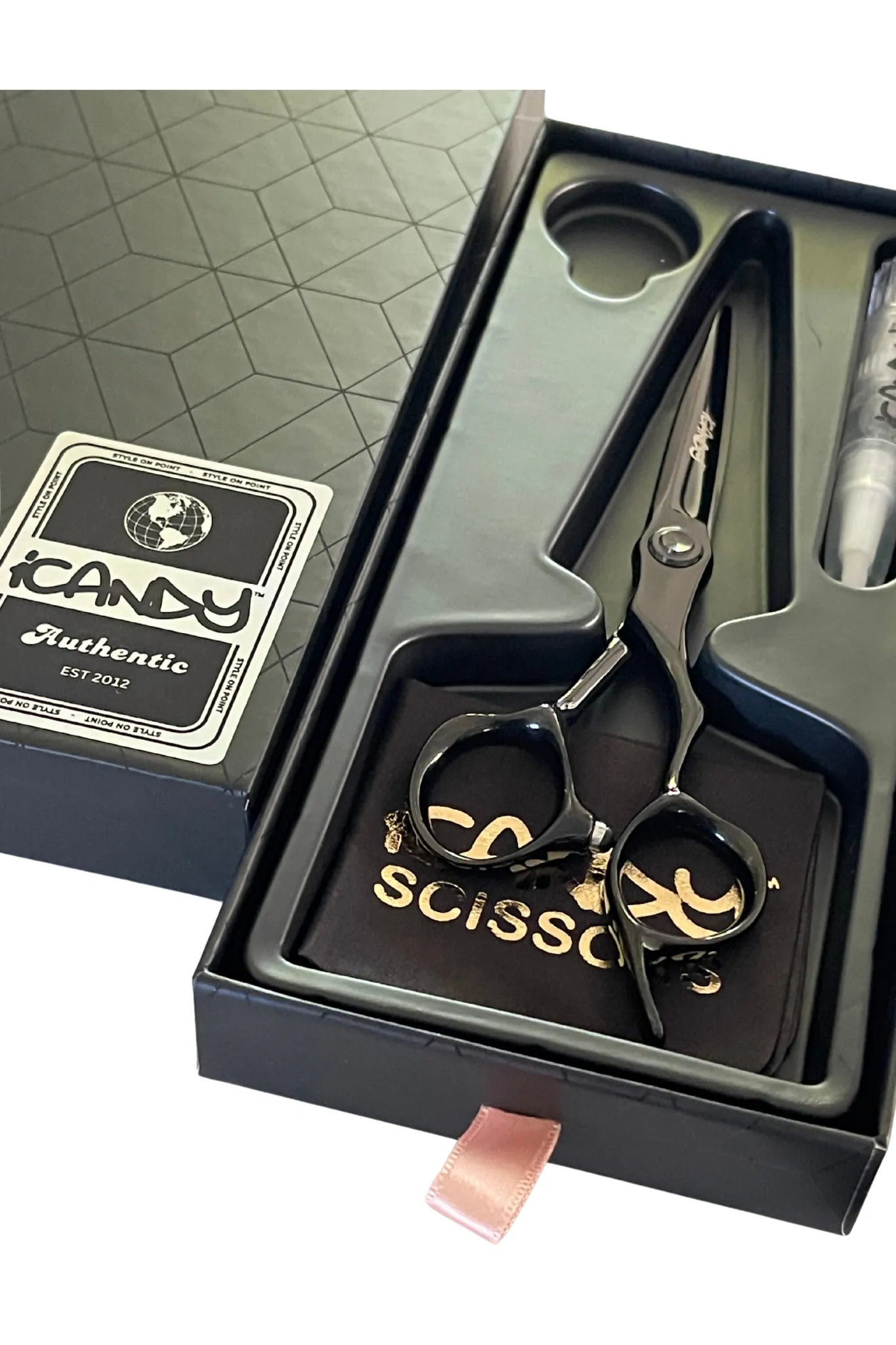 iCandy EVOLVE Midnight Black VG10 Hairdressing Scissors 6.0 inch presented in the official iCandy premium gift box, crafted from Japanese VG10 steel with a midnight black titanium coating, ergonomic offset handle and precision cutting performance for professional hairdressers and barbers.