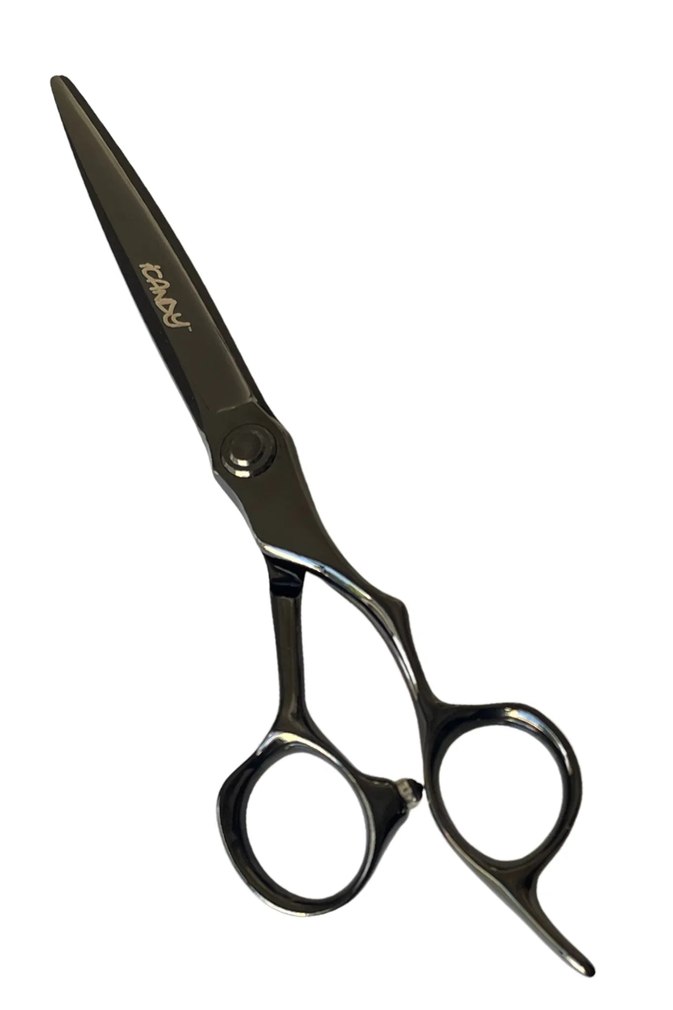 iCandy EVOLVE Midnight Black VG10 6.5 inch professional hairdressing cutting scissors featuring Japanese VG10 steel, premium midnight black titanium coating, sword mountain blade, convex edge and ergonomic offset handle.
