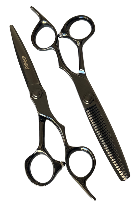 iCandy Evolve Midnight Black Scissor and Thinner Bundle – professional hairdressing and barber scissors set made from VG10 Japanese steel. 6.0 inch